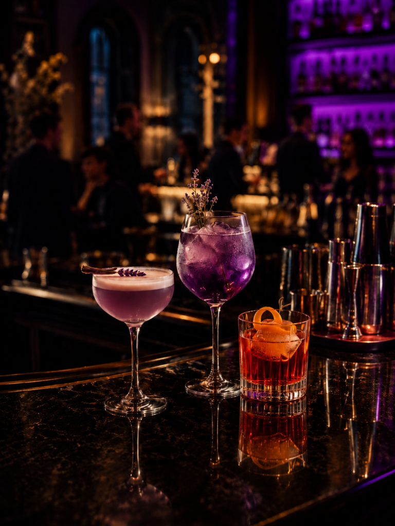 Home upscale cocktail service bar with drinks prepared during a busy restaurant dinner rush