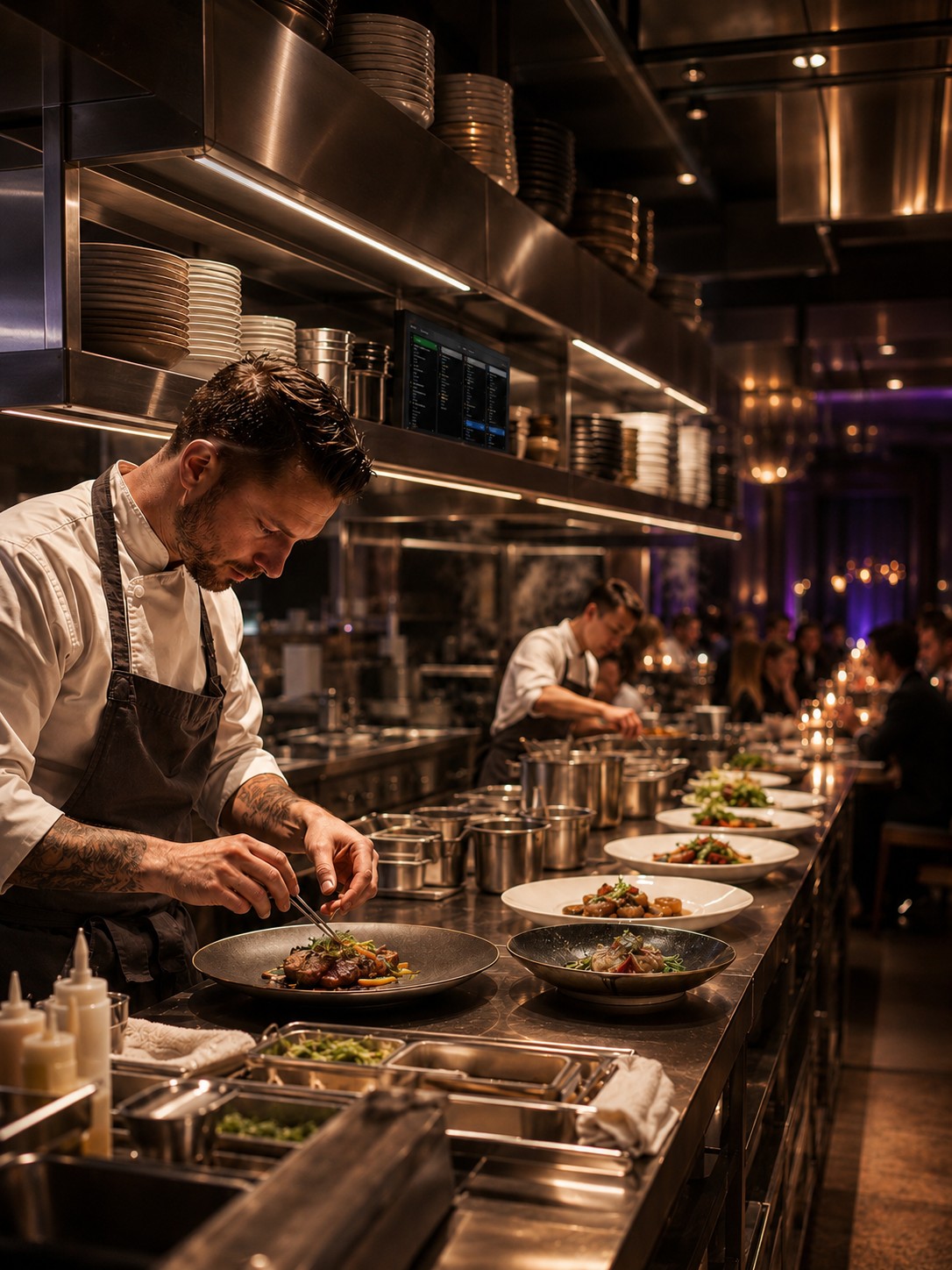 Home Executive chef using a Clover Kitchen Display System (KDS) during dinner service in a modern upscale restaurant kitchen, showcasing streamlined restaurant operations and hospitality technology.
