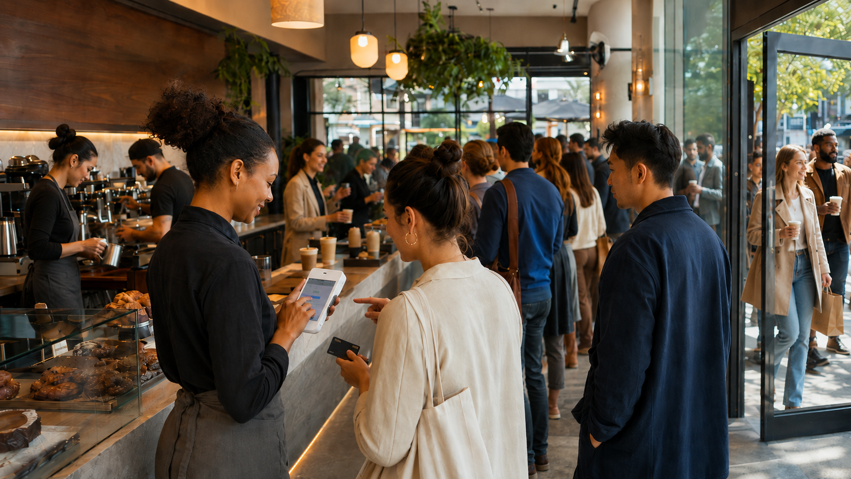 Home barista using a clover flex handheld pos to take customer orders in a busy modern café during the lunch rush.